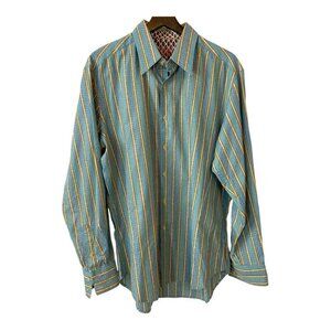 Robert Graham M 100% Cotton Blue and Yellow Striped Button Down Collared Shirt